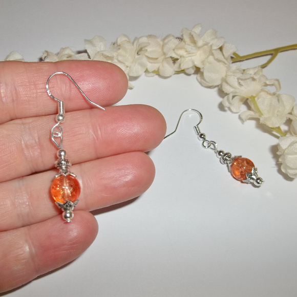 Earring Set Peach Orange Crackled Beaded Dangle Drop Beaded Woman Girl NWT 4598 - Picture 4 of 6